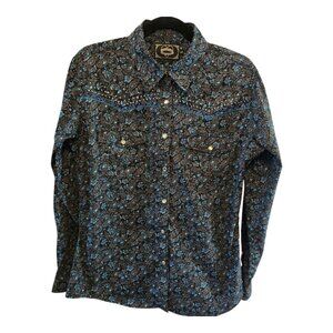 COWGIRL HARDWARE WOMANS WESTERN SHIRT BLACK TEAL BROWN EMBELLISHED LARGE PRINT